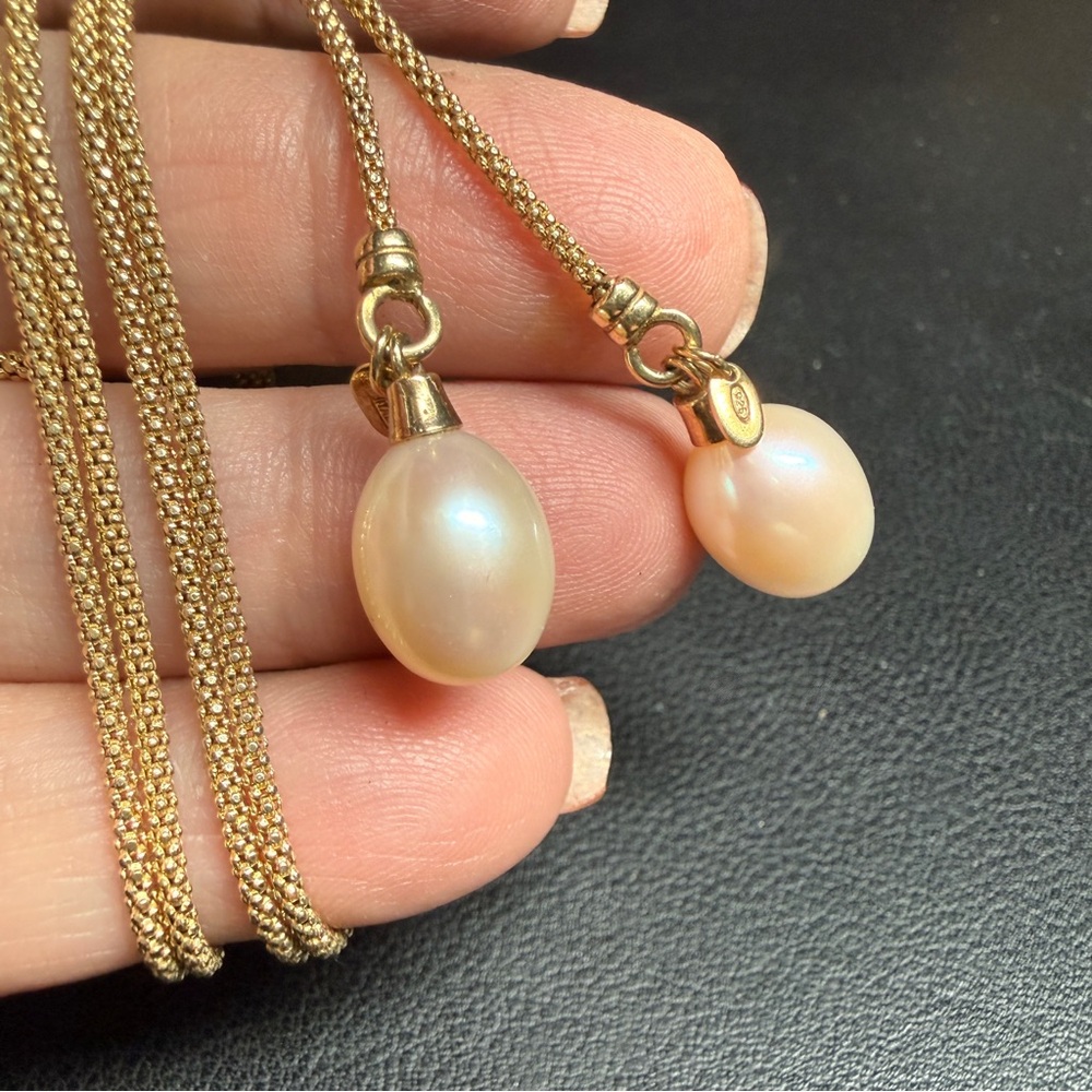 Sterling Silver 925 Vermeil Dyadema Real Pearl End Tassels Y Necklace 36" - Picture 7 of 10
